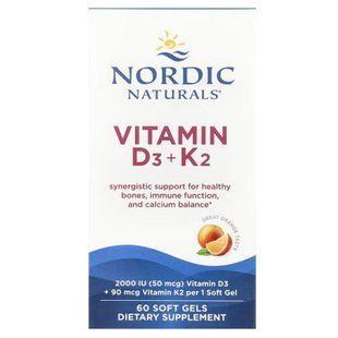 Вітаміни D3+K2, Vitamins D3+K2, Nordic Naturals, зі смаком апельсина, 60 гелевих капсул NOR-31165 фото