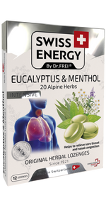 Льодяники від застуди, Herbal Lozenges Blister 20 herbs + Eucalyptus and Menthol, Swiss Energy, від кашлю, болю в горлі та закладеності носа, 20 альпійських трав, ментол та евкаліпт, 12 трав'яних льодяників SWE-32678 фото