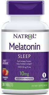 Мелатонін, Melatonin, Natrol, швидкорозчинний, смак полуниці, 10 мг, 30 таблеток NTL-07170 фото