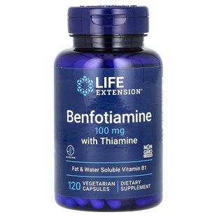 Бенфотіамін, Benfotiamine, Life Extension, з тіаміном, 100 мг, 120 вегетаріанських капсул LEX-92012 фото