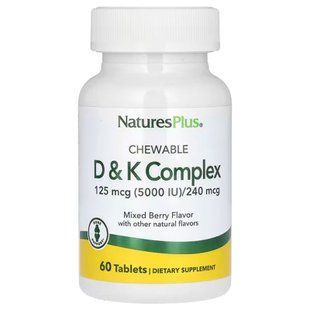 Вітаміни D і K, жувальний комплекс, Chewable D&K Complex, Nature's Plus, зі смаком ягід, 60 вегетаріанських таблеток NAP-10438 фото