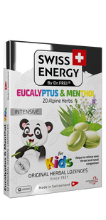 Льодяники від застуди, для дітей, Herbal Lozenges Blister 20 herbs + Eucalyptus and Menthol for kids, Swiss Energy, від кашлю, болю в горлі та закладеності носа, 20 альпійських трав, ментол та евкаліпт, 12 трав'яних льодяників SWE-25176 фото