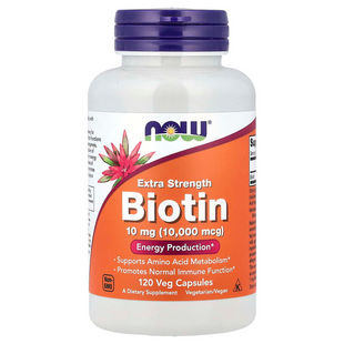 Біотин, Biotin, Now Foods, підвищена міцність, 10 мг (10000 мкг), 120 вегетаріанских капсул NOW-00479 фото