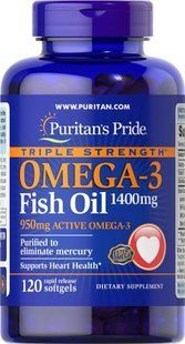 Омега-3 риб'ячий жир, Omega-3 Fish Oil, Puritan's Pride, 1400 мг (950 мг активного омега-3), 120 гелевих капсул PTP-16128 фото