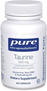 Таурін, Taurine, Pure Encapsulations, для здоров'я печінки, очей, антиоксидантів, серця, мозку та м'язів, 500 мг, 60 капсул PES-00246 фото