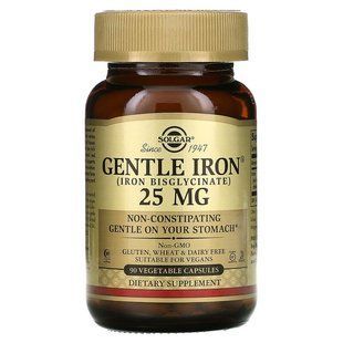 Залізо, Gentle Iron, Solgar, 25 мг, 90 вегетаріанських капсул SOL-01249 фото