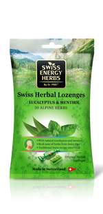 Льодяники від застуди, Herbal Lozenges Bag 20 herbs + Eucalyptus and Menthol, Swiss Energy, від кашлю, болю в горлі та закладеності носа, 20 альпійських трав, ментол та евкаліпт, 12 трав'яних льодяників (55 г) SWE-32487 фото
