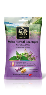 Льодяники від застуди, Herbal Lozenges Bag 20 herbs + Sage, Swiss Energy, від кашлю, болю в горлі та закладеності носа, 20 альпійських трав і шавлії, 12 трав'яних льодяників (55 г) SWE-32488 фото