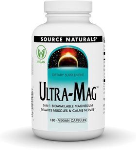 Магній ультра, Ultra-Mag, Source Naturals, 5-в-1, розслаблює м'язи та заспокоює нерви, 180 веганських капсул SNS-02952 фото
